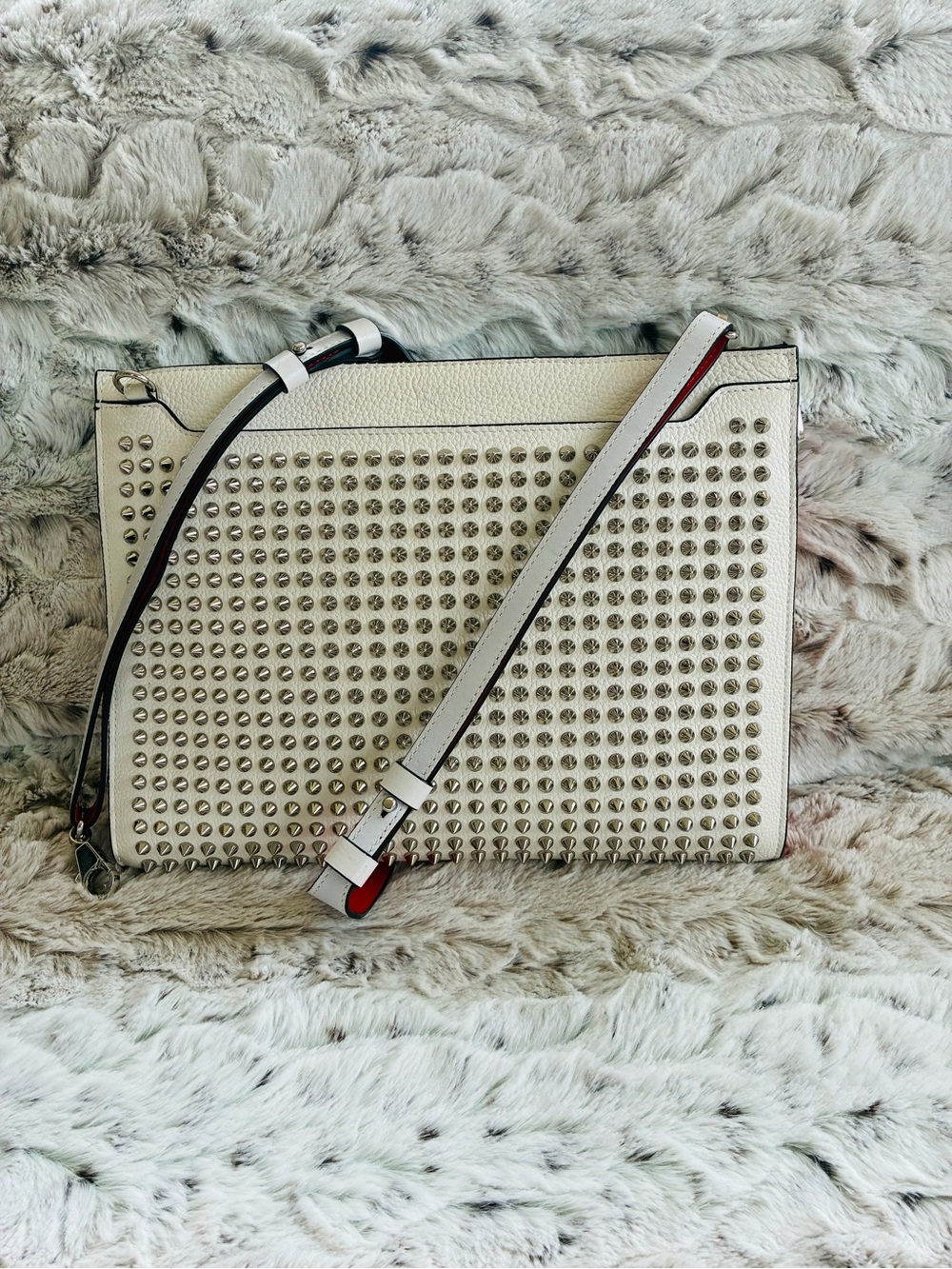 Christian Louboutin White Leather Studded Sky Pouch Crossbody Bag EUC